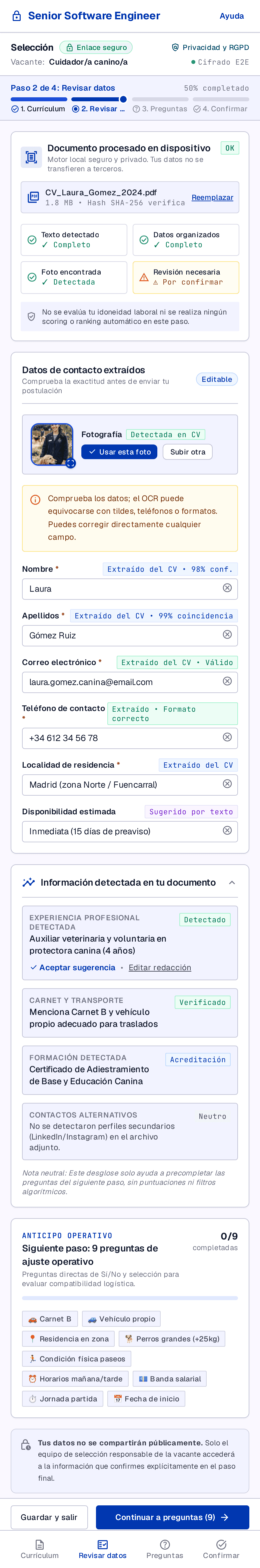 Formulario móvil de candidatura con datos extraídos del CV